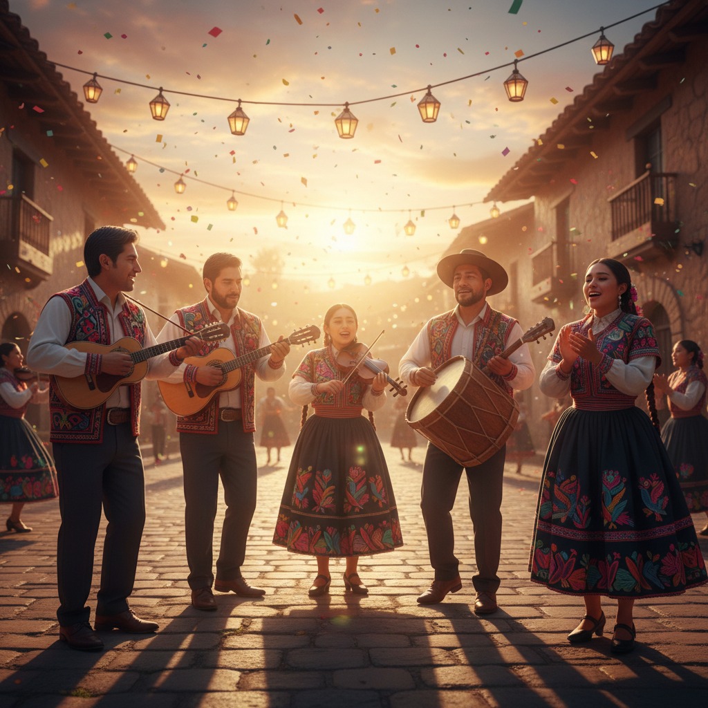 Un grupo de músicos con trajes tradicionales toca instrumentos y canta en una calle empedrada decorada con luces durante una celebración festiva.