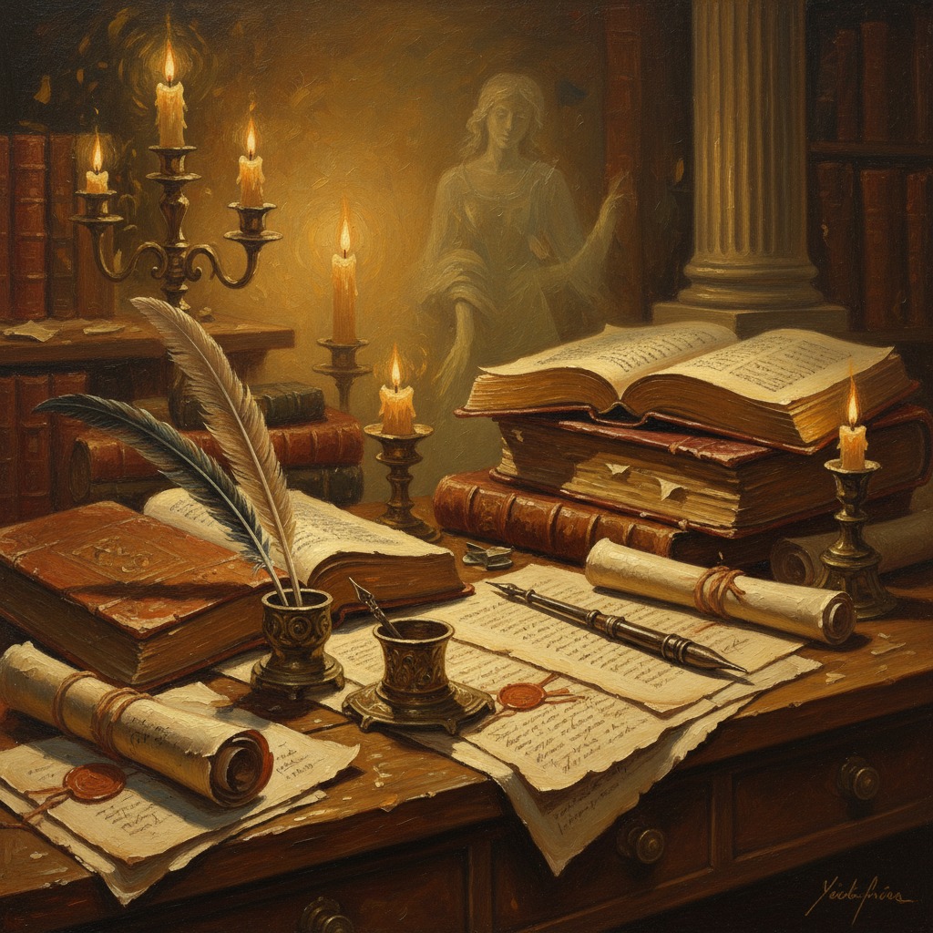 Escritorio antiguo con libros abiertos, plumas, pergaminos y velas encendidas bajo la figura espectral de una mujer.