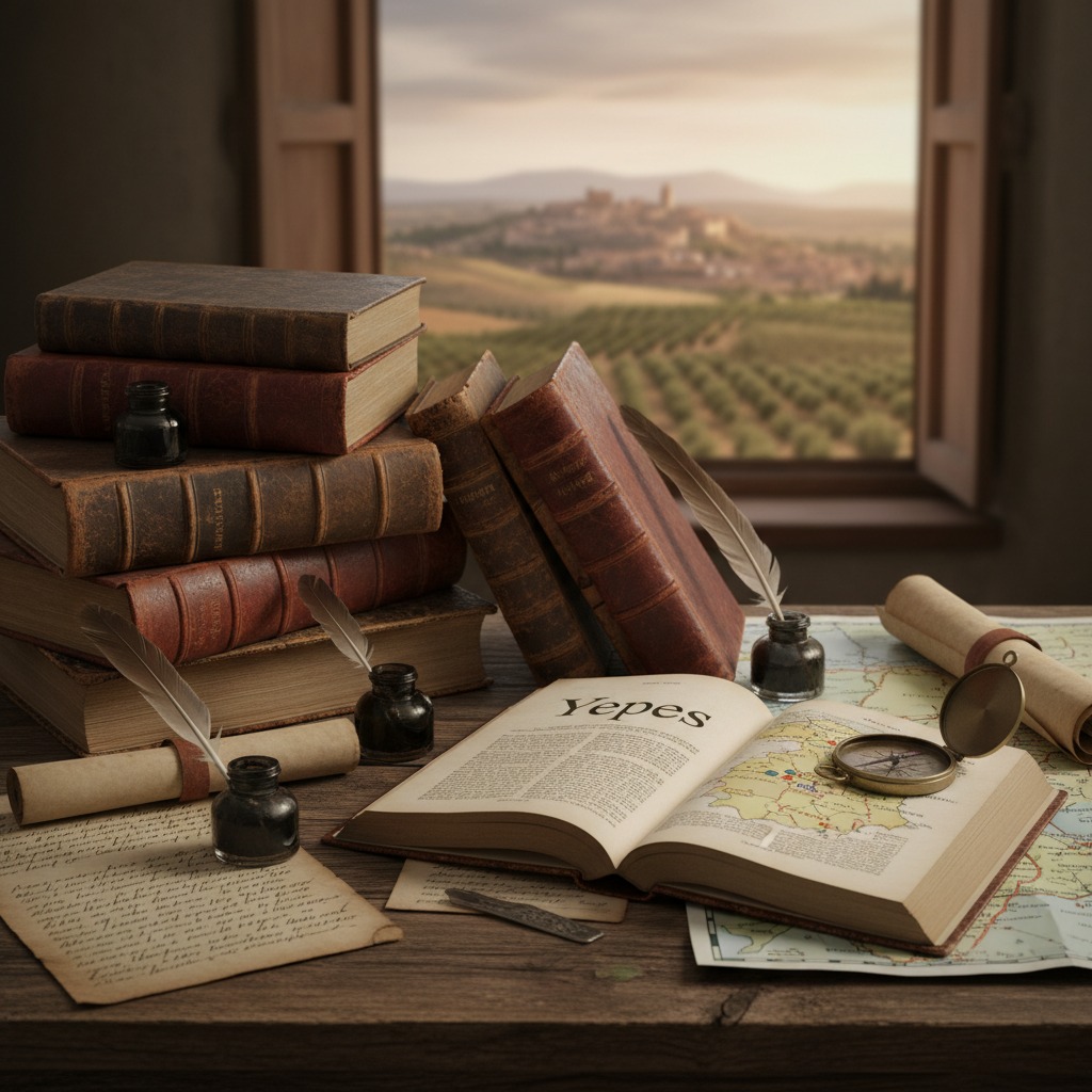 Libros antiguos, plumas, tinteros y una brújula sobre una mesa de madera frente a una ventana con vistas a un paisaje rural.