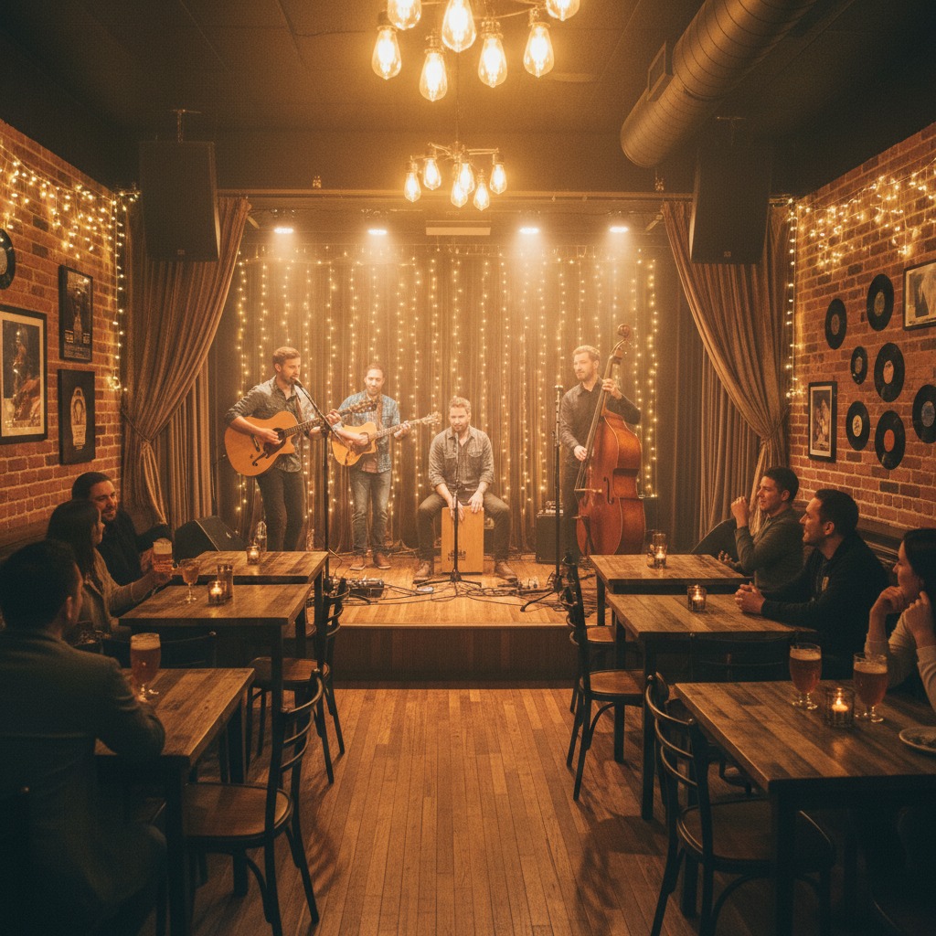 Una banda de música toca en directo sobre un escenario iluminado frente a clientes sentados en las mesas de un bar con paredes de ladrillo.
